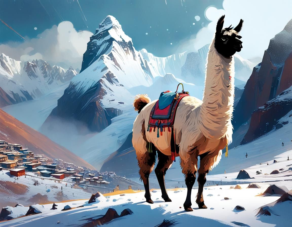 Fancy Llama in Peruvian Highlands, Digital Illustration