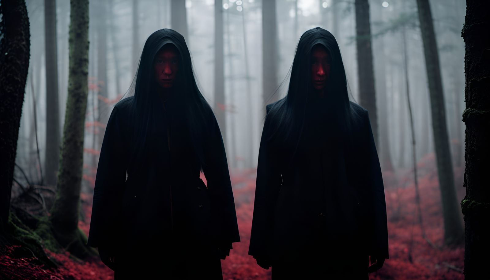 Eerie Red Forest Folk Horror Landscape