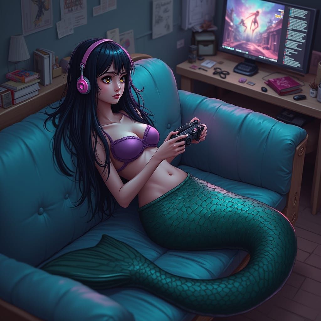 Surreal Mermaid Gamer Lays on Futuristic Couch, Playing Vide...