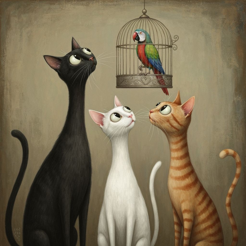 3 cats, a black cat, a white cat, and a striped ginger cat w...