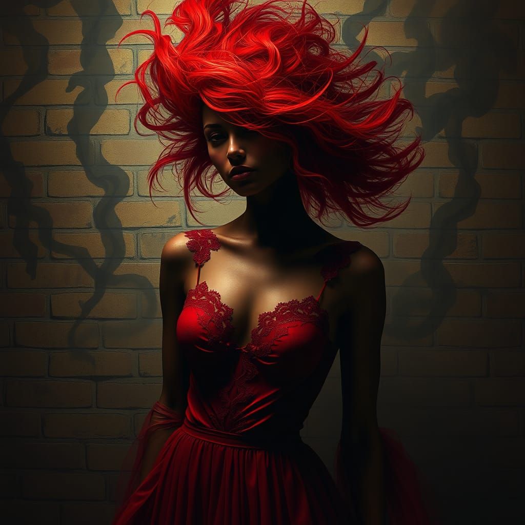Ethereal Girl with Scarlet Attire and Fiery Hair