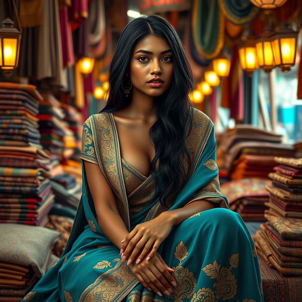 Caribbean Latina in Sari Amidst Vibrant Textile Market
