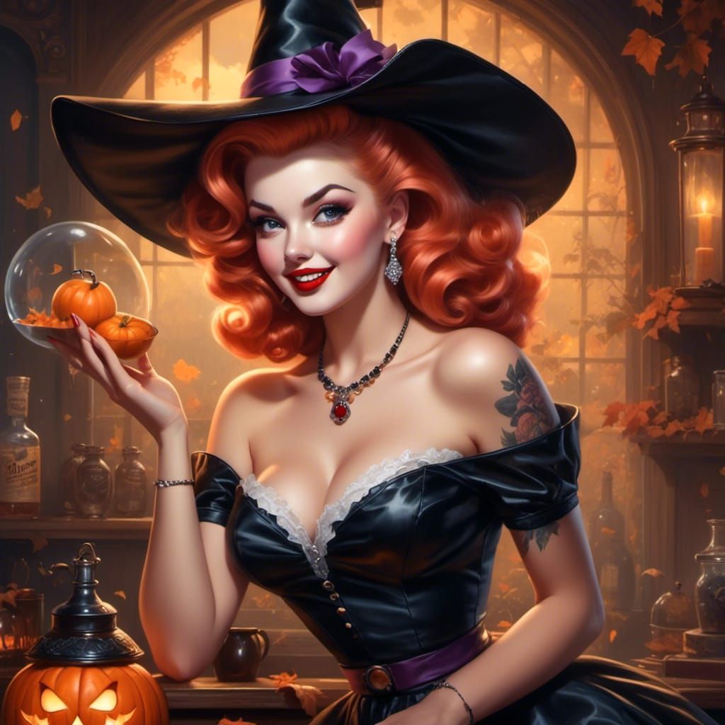 Retro Pinup Witch Poster in 1950s Style