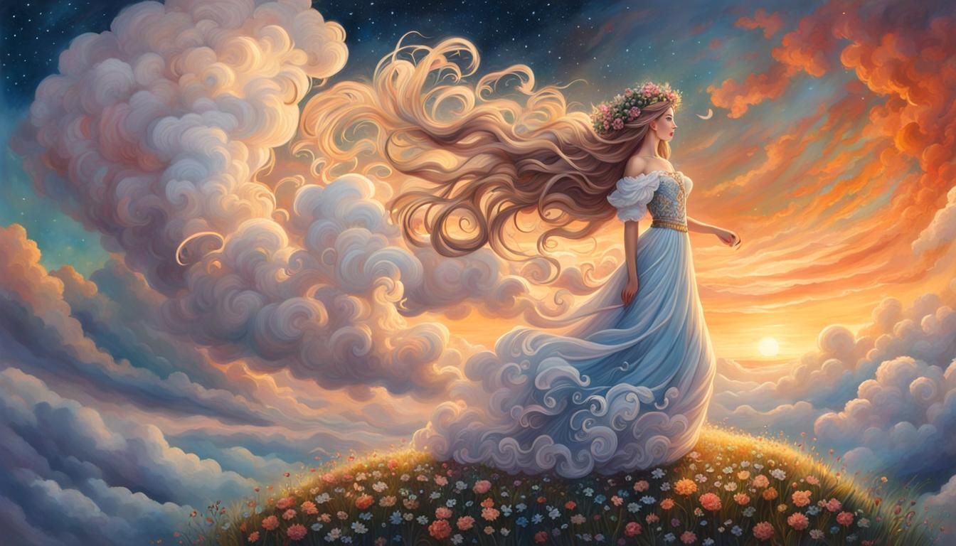 Dancing Cloud Girl Portrait on Flower Hill