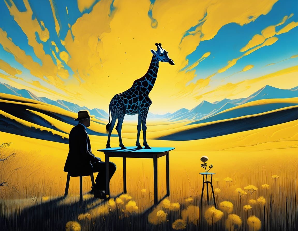 Surreal Landscape with Giraffe and Couple