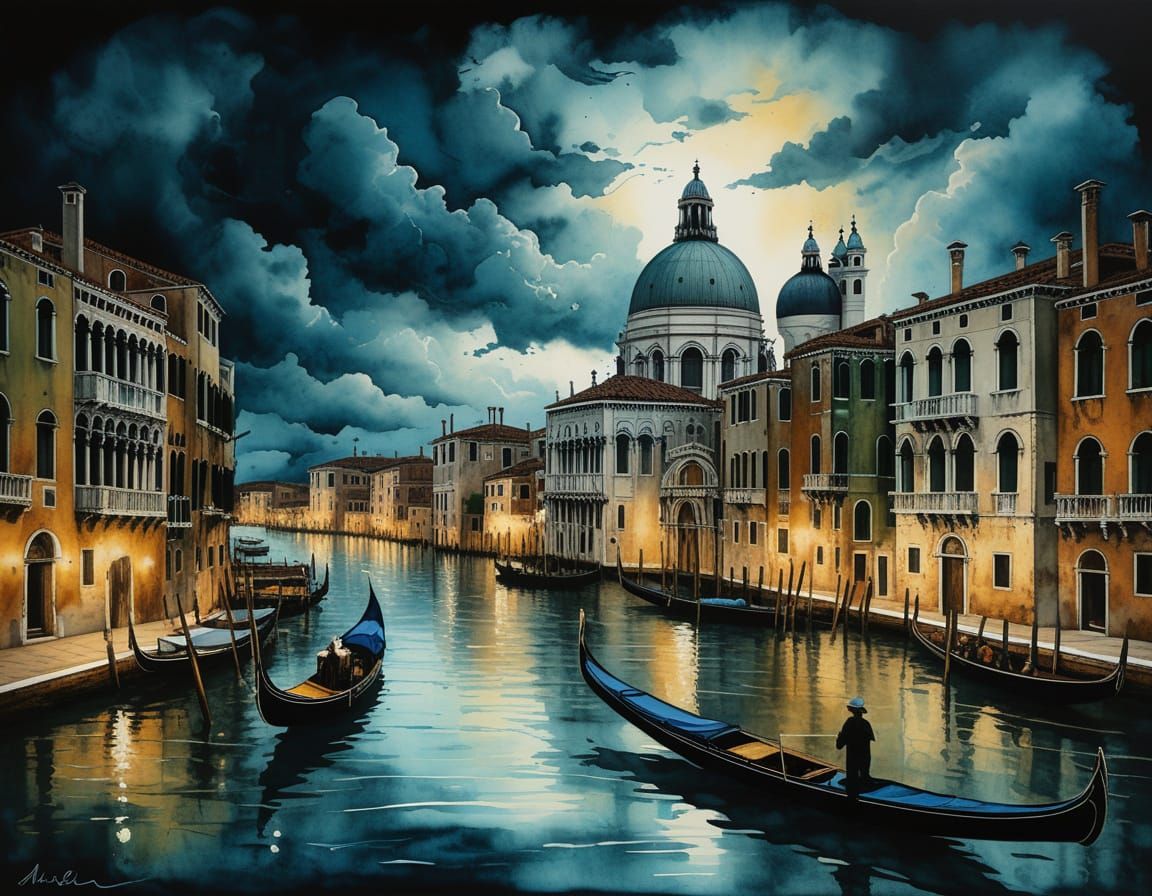 Venetian Canal Scene with Antique Illumination and Gold Tone...