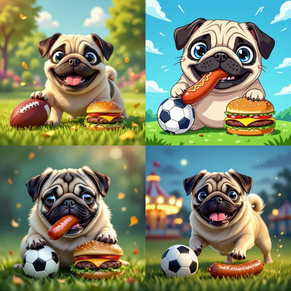 Black and White Pug Plays Soccer with Hot Dog
