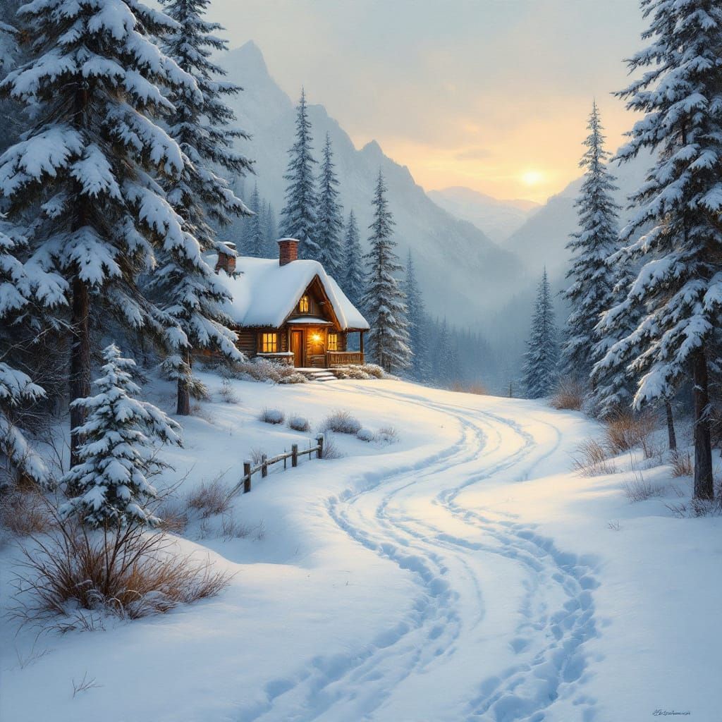 Peaceful Snowy Mountain House in Hyperrealistic Oil Painting...