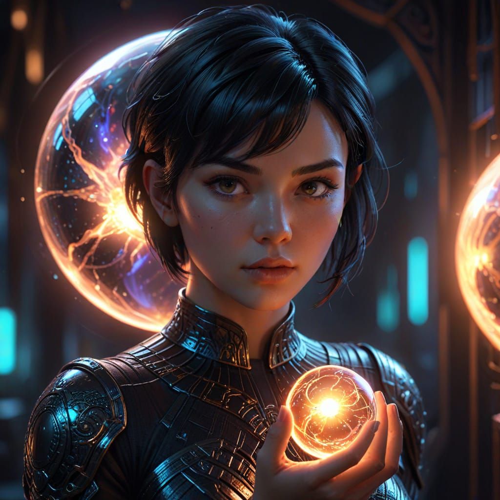 Young Woman With Glowing Orb in Neon Sci-Fi Concept Art