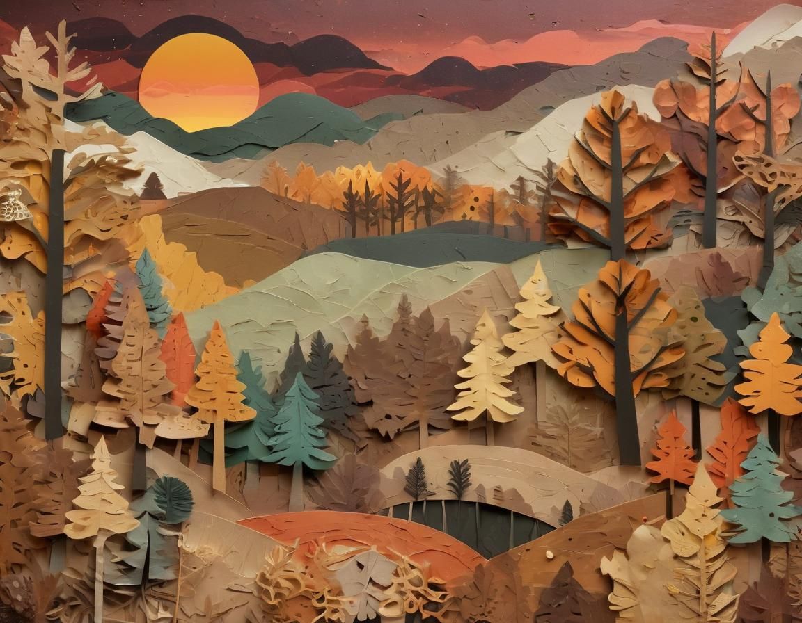 Autumn Forest Landscape in Mixed Media Collage