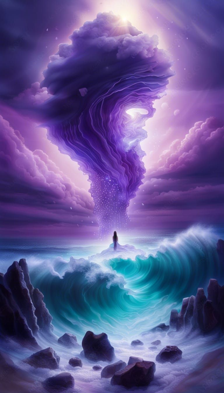 Rising Figure in Purple Abyss with Crystal Beach
