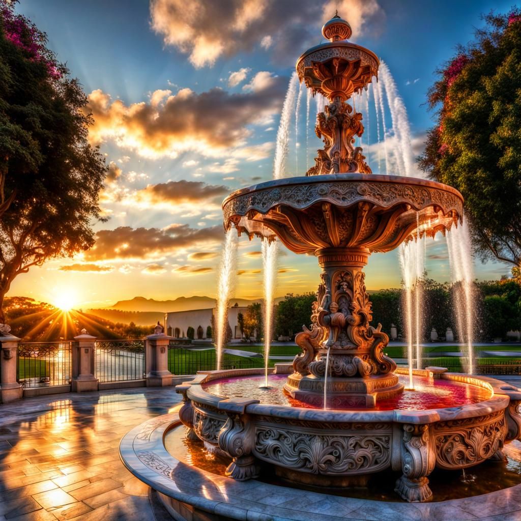 Ornate Jewel-Encrusted Marble Fountain in Photorealistic Sty...