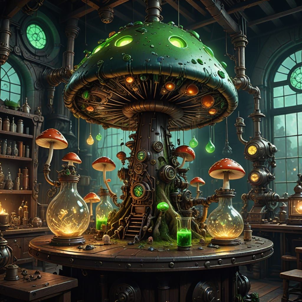 Mystical Steampunk Laboratory in Eerie Green Glow