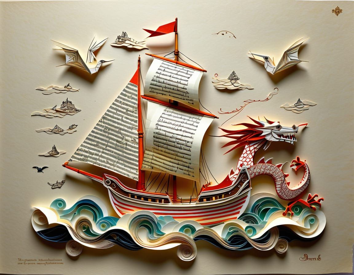 Surreal Papercraft Ship Made of Medieval Manuscripts