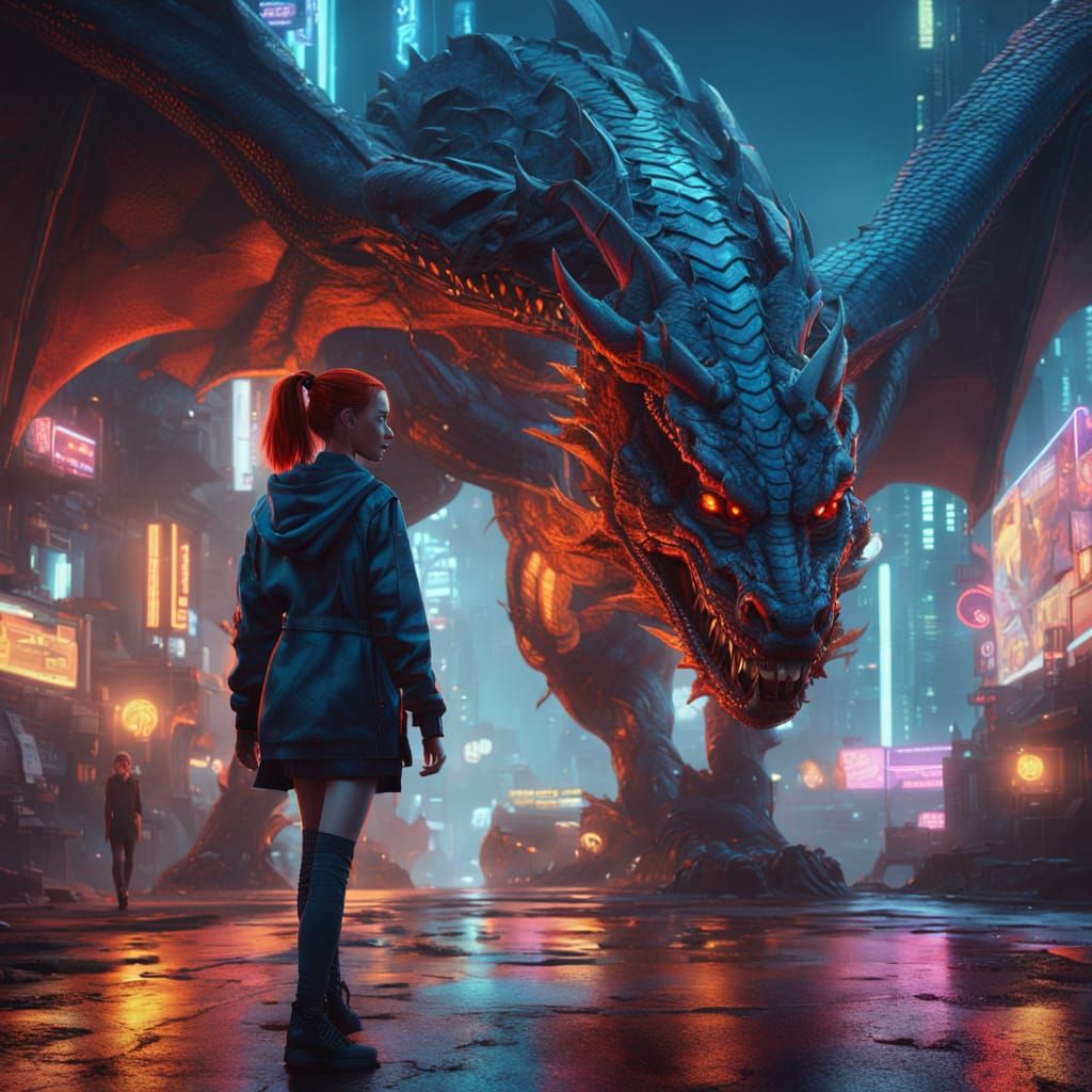 Woman and Dragon in Neon Cyberpunk Cityscape