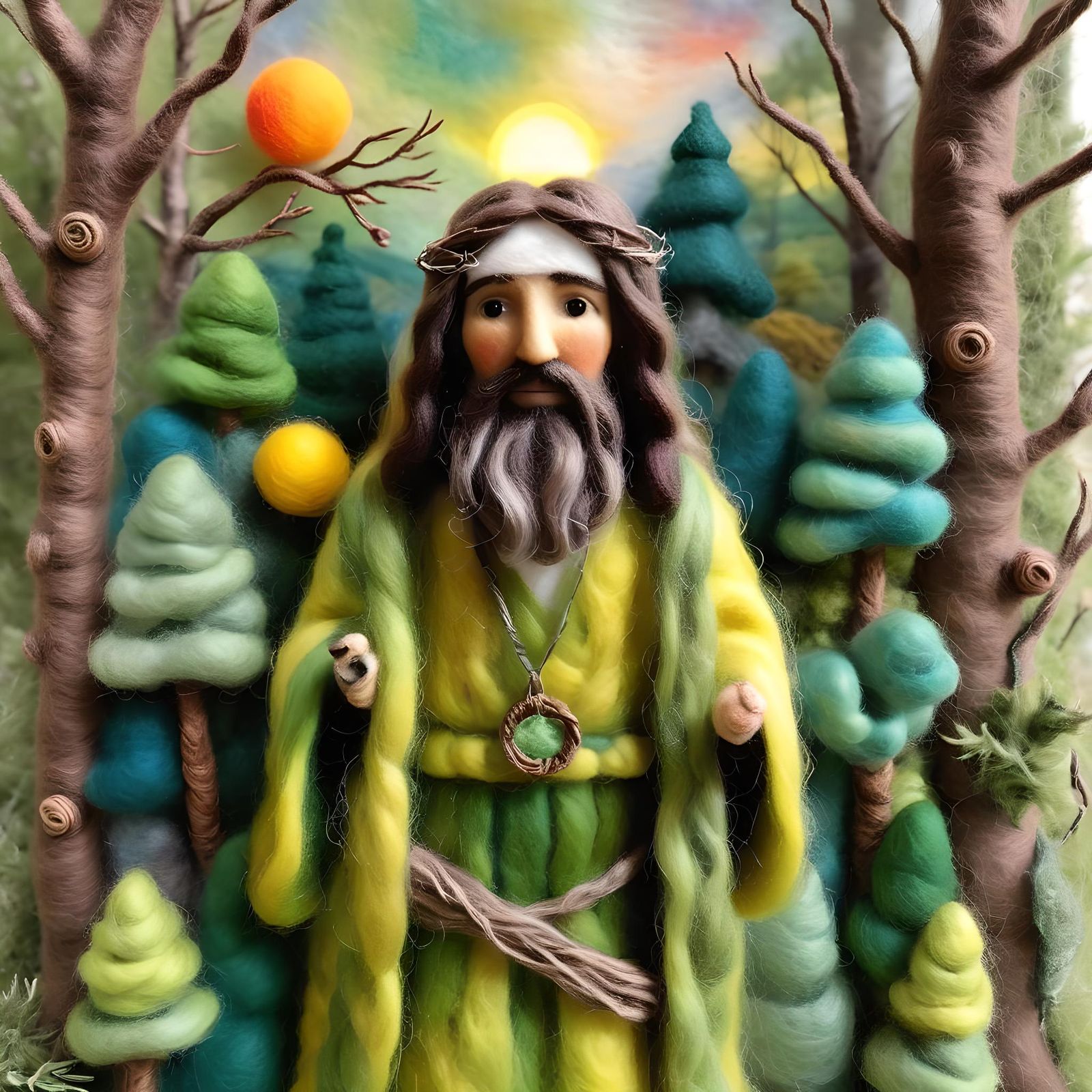 Needle-Felted Jesus in Sunrise Forest