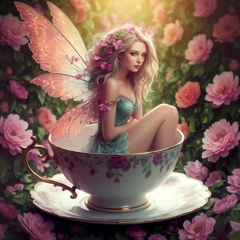 Enchanting Fairy Woman on a Majestic Teacup in Whimsical Dig...