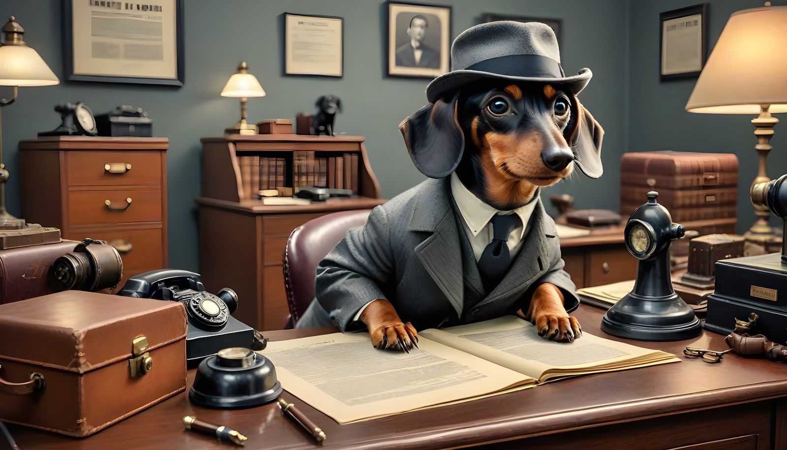 Sleuthing Dachshund in Noir Office Scene