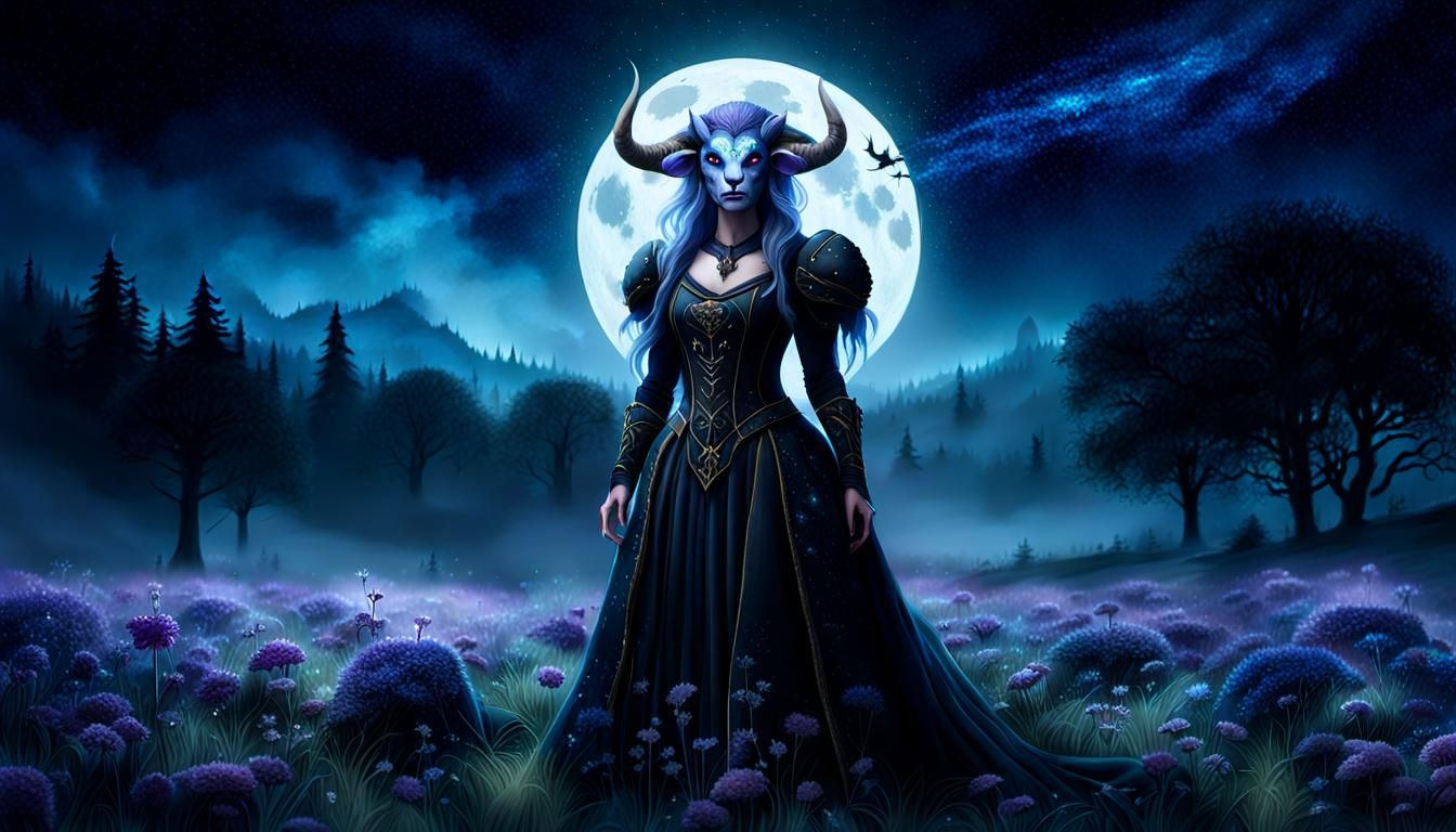 Gothic Tauren in Moonlit Meadow, Fantasy Art
