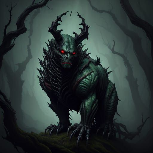 Dark, Biomechanical Creature Devours Old, Deformed Tree