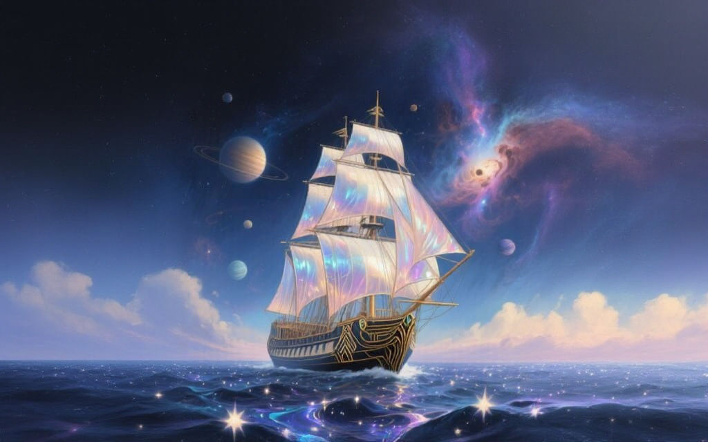 Art Deco Ship Sails Through Liquid Starlight Galaxy
