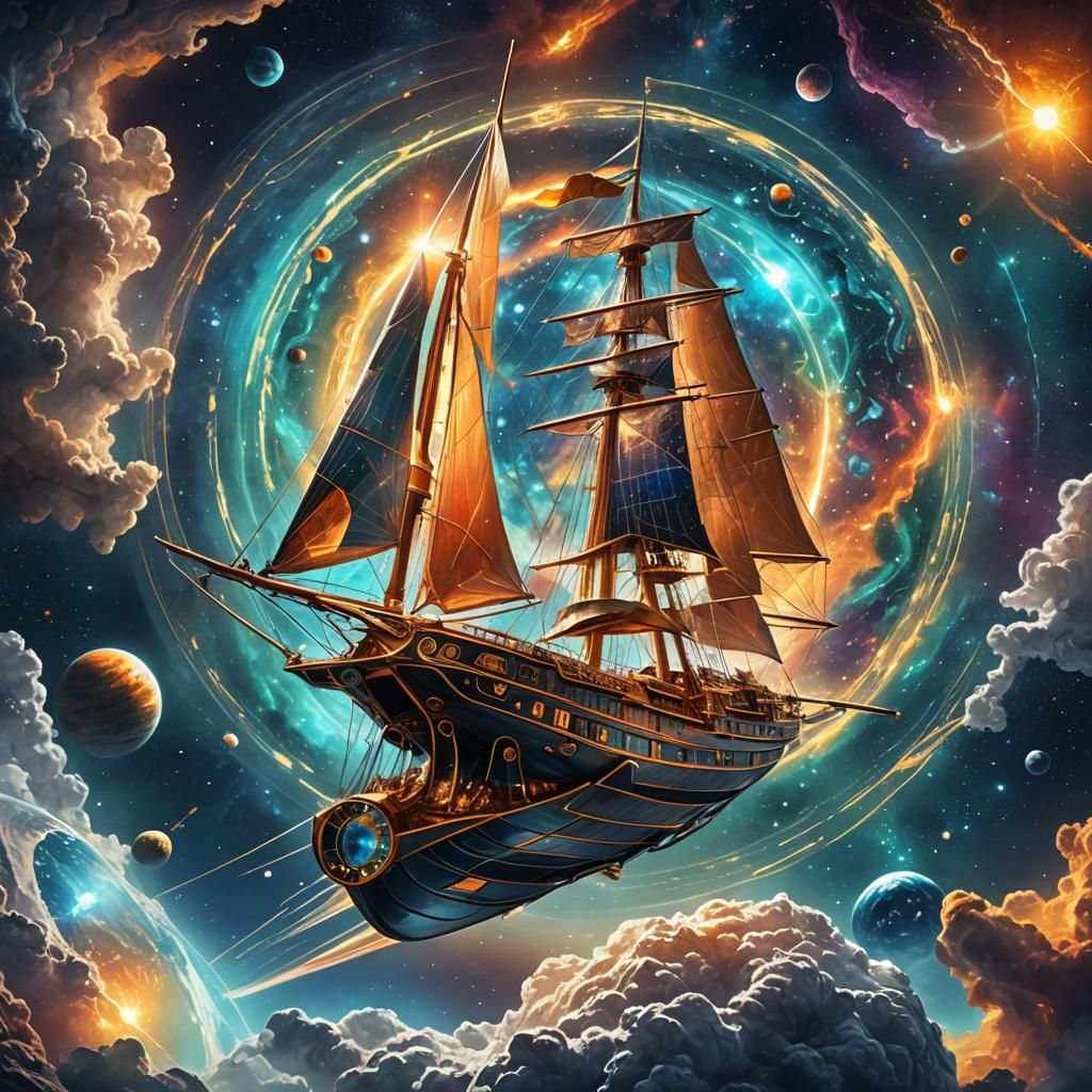 Space Sailboat Flies Towards Earth: Holographic Astral Illus...