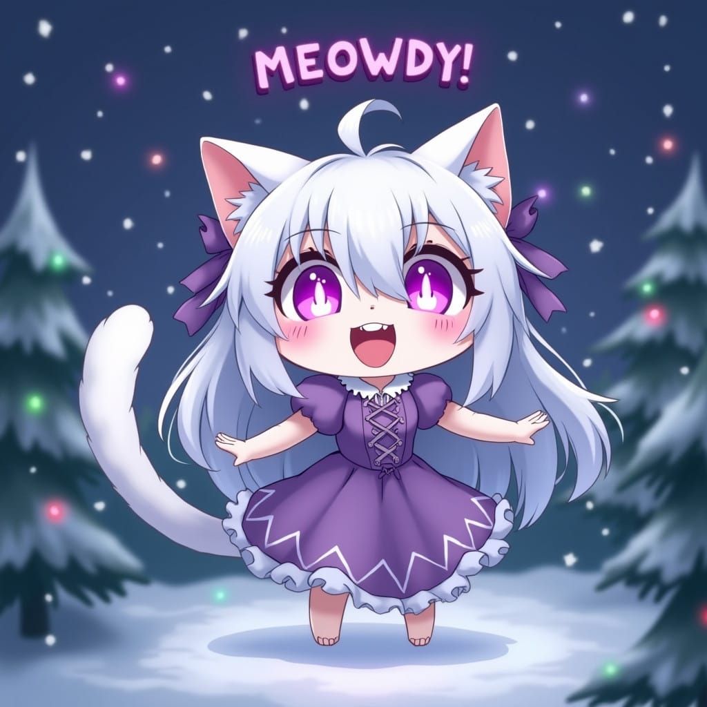 Adorable Anime Catgirl in Whimsical Winter Wonderland