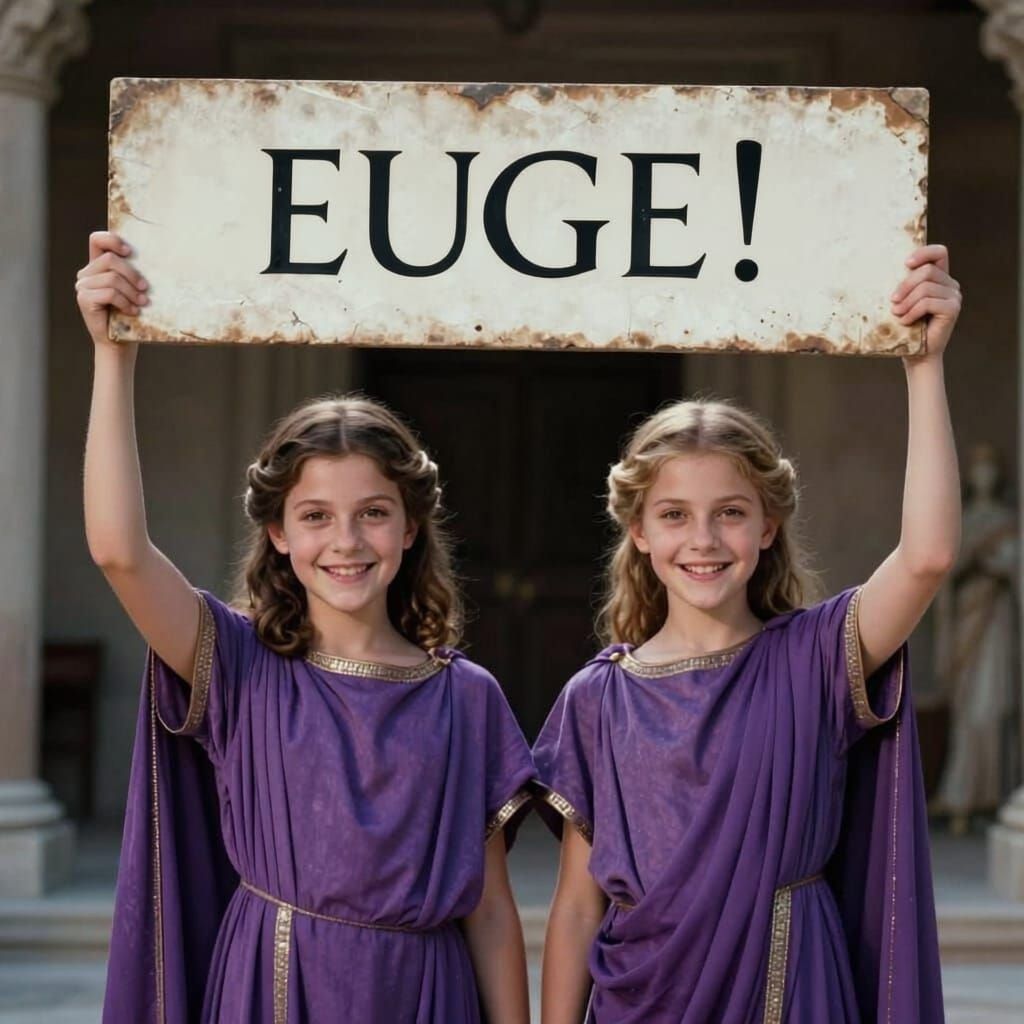 Roman Twin Girls Hold 'EUGE!' Sign