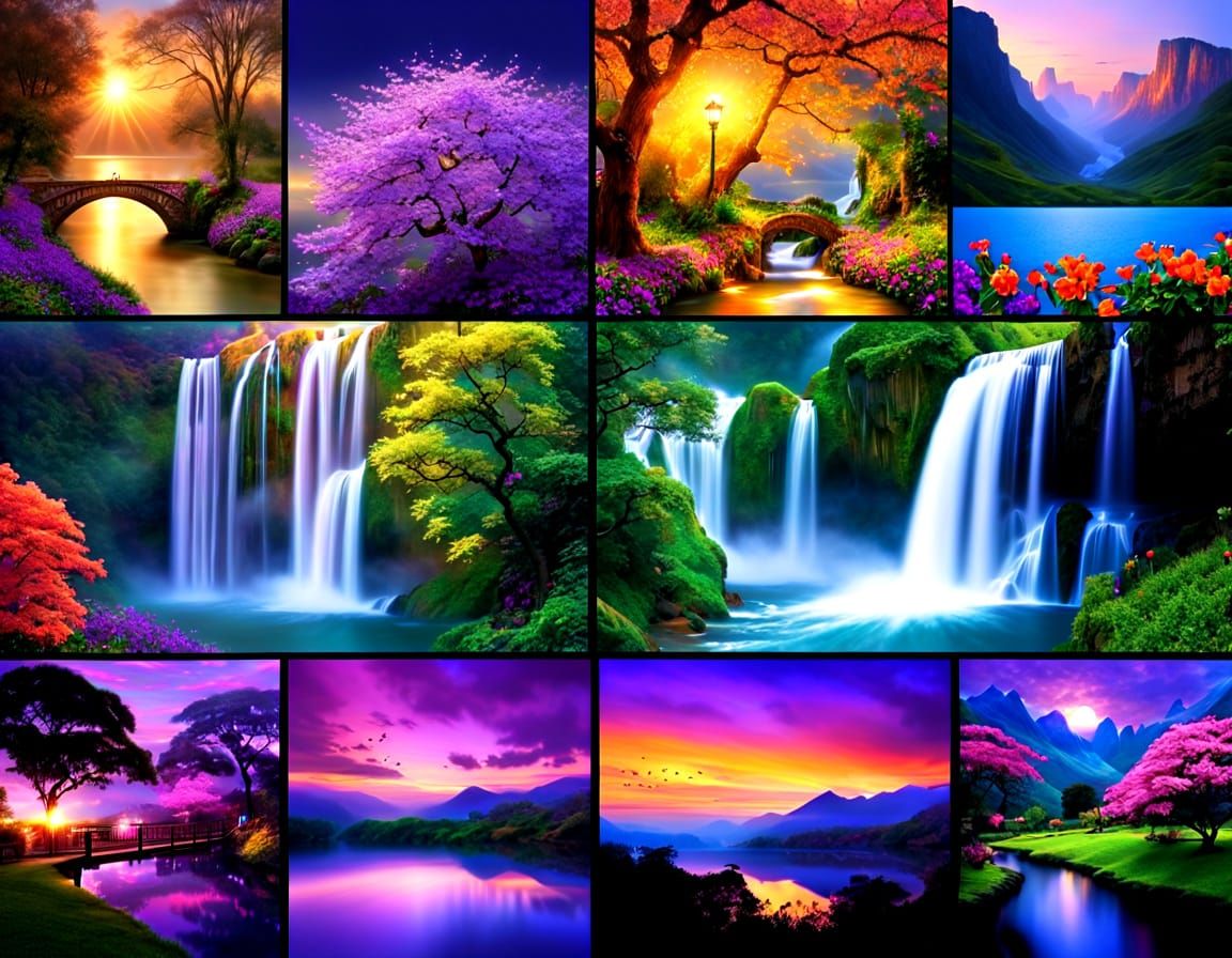Radiant Jacaranda Waterfall Montage in Vivid Style