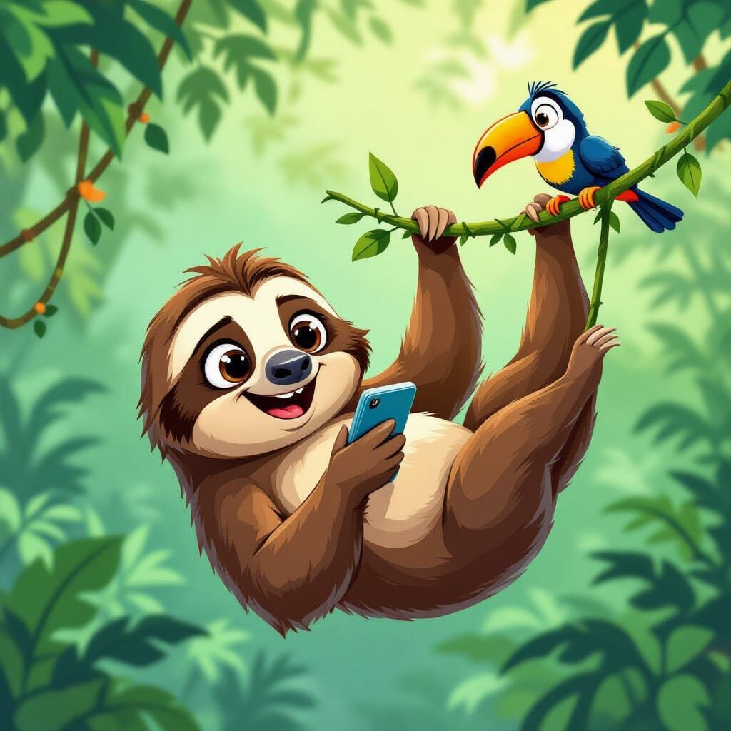 1950s Cartoon Sloth Scrolls on Phone in Jungle
