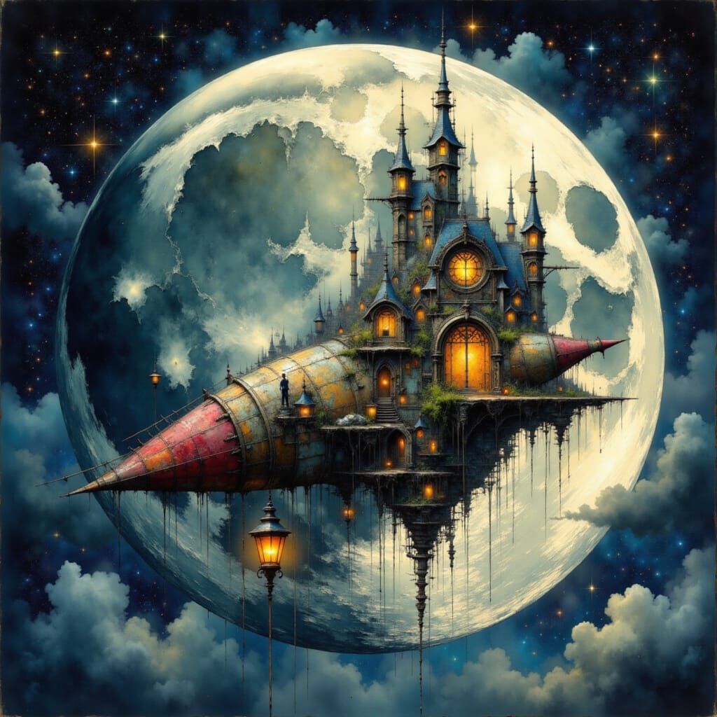 Surreal Steampunk Moonlit Rocket Ship in Whimsical 3.5D Styl...