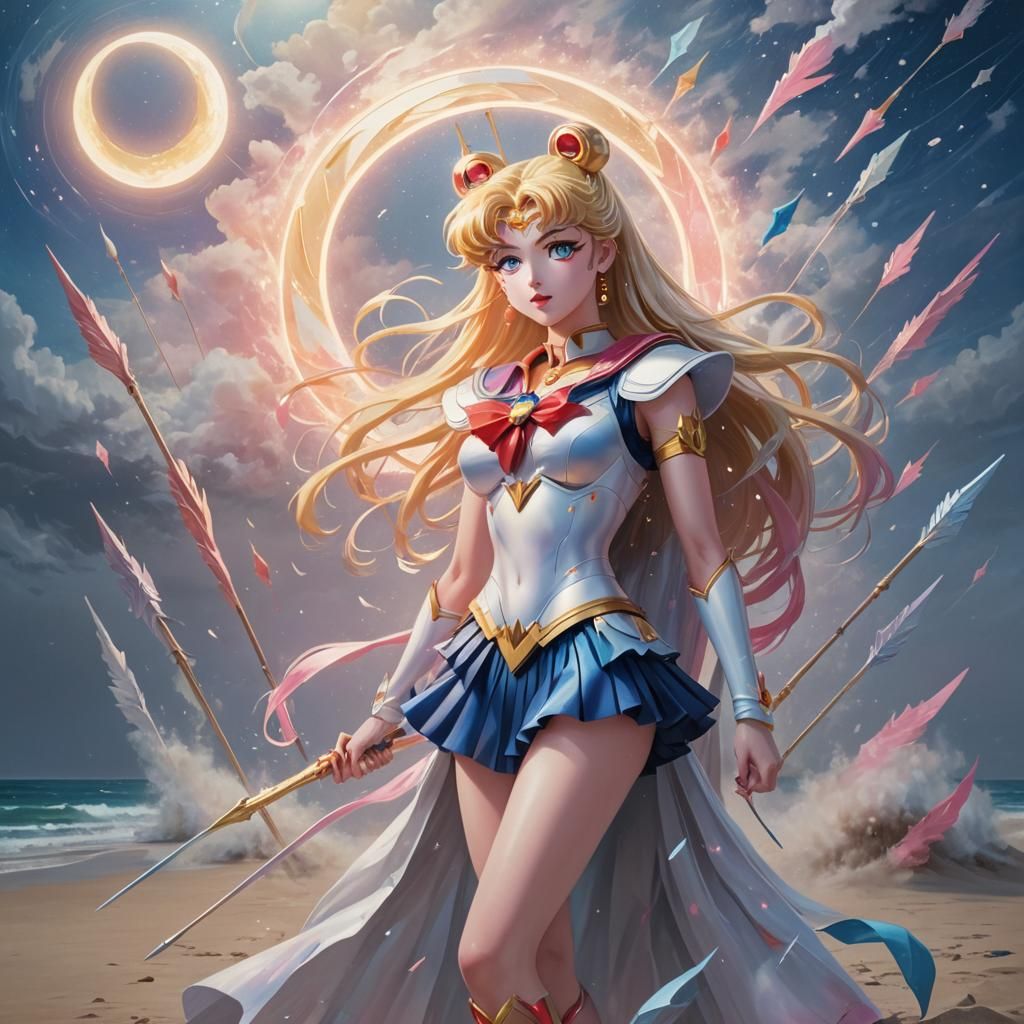 Sailor Moon Amidst Arrows: Surrealist Oil Painting