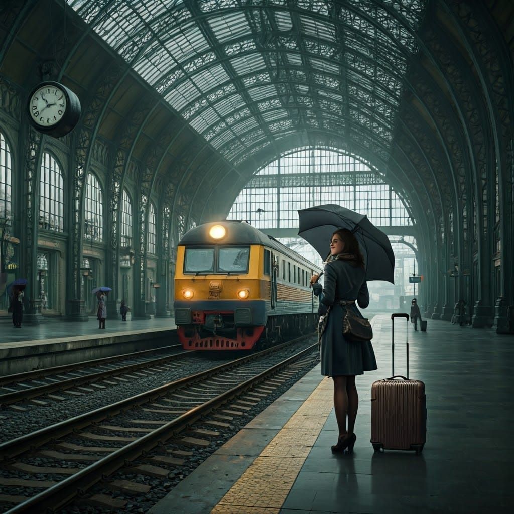 Elegant Woman Stands in Train Station with Clock and Train