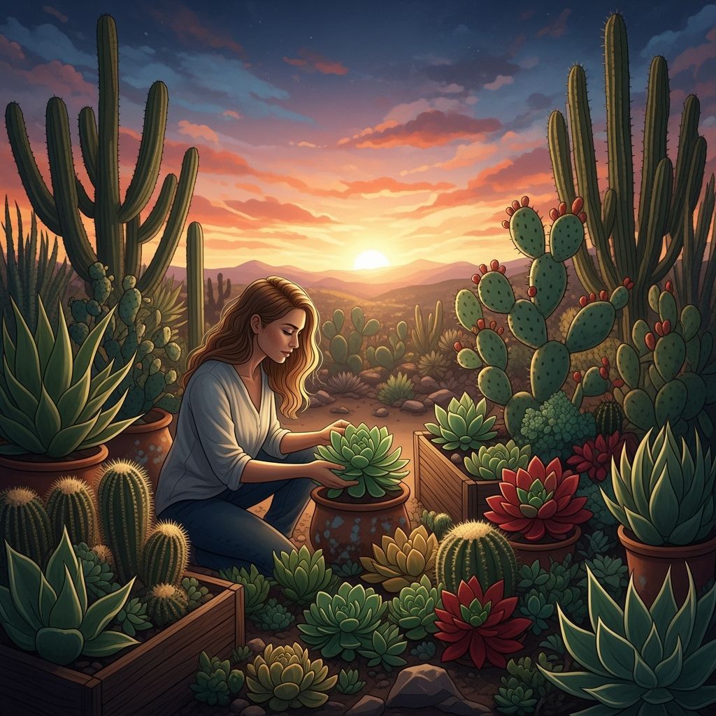 Woman's Serene Desert Sunrise in Succulent Garden