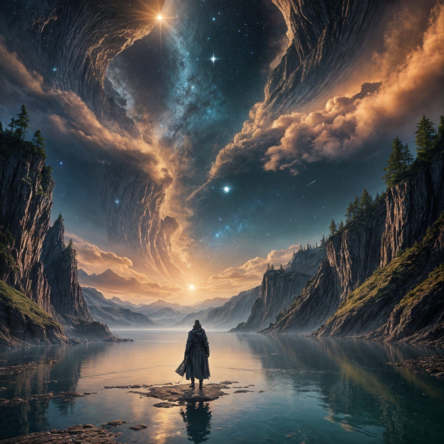 Contemplative Figure at Abyss Edge: Fantasy Concept Art