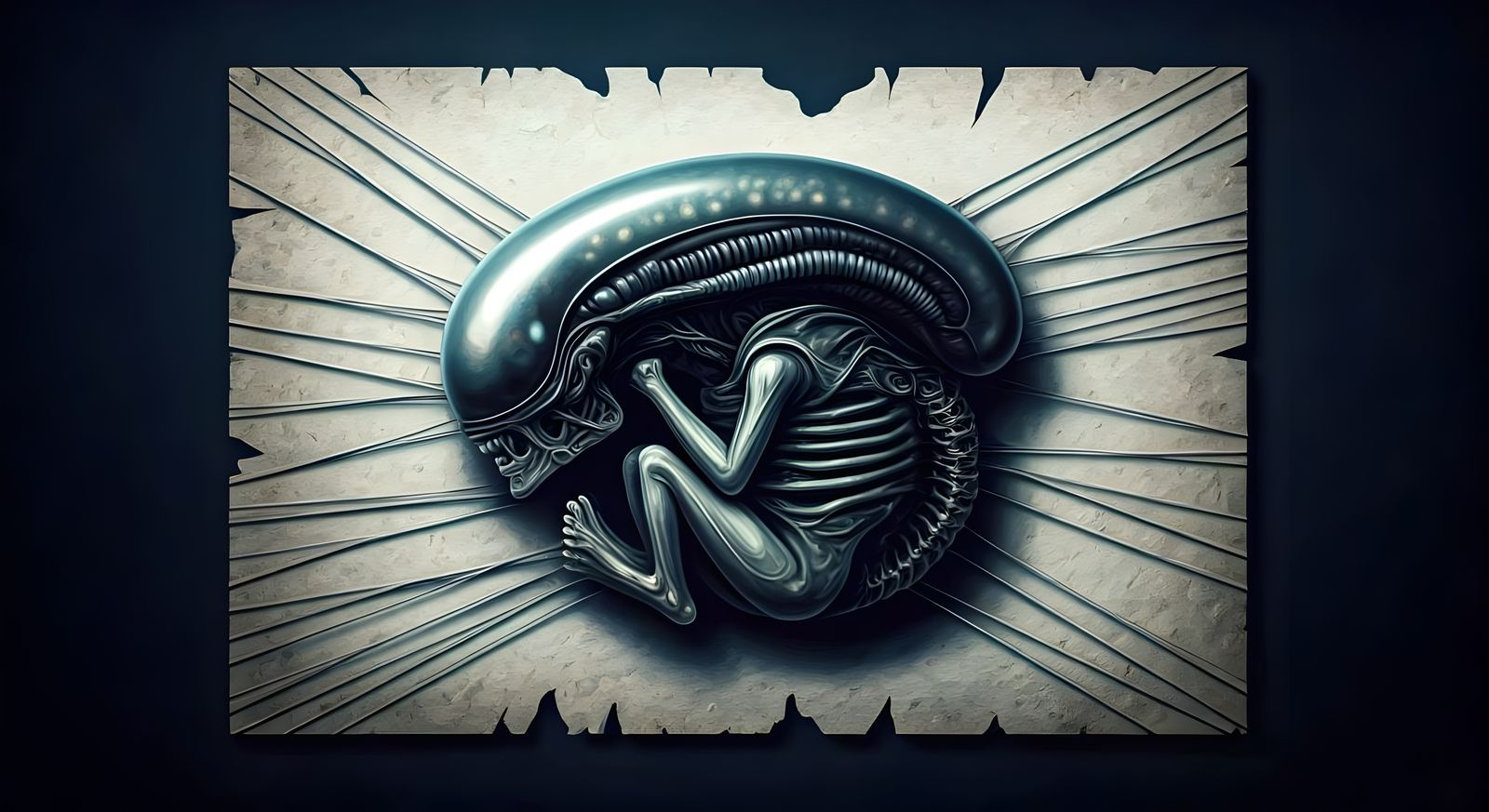 Surreal Anatomical Study of Alien Embryo on Torn Canvas in D...