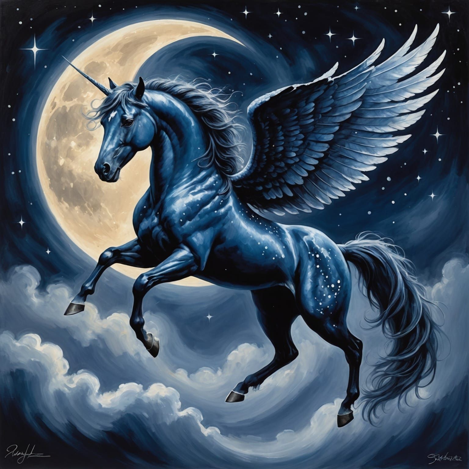 Soaring Midnight Blue Pegasus in Starry Sky