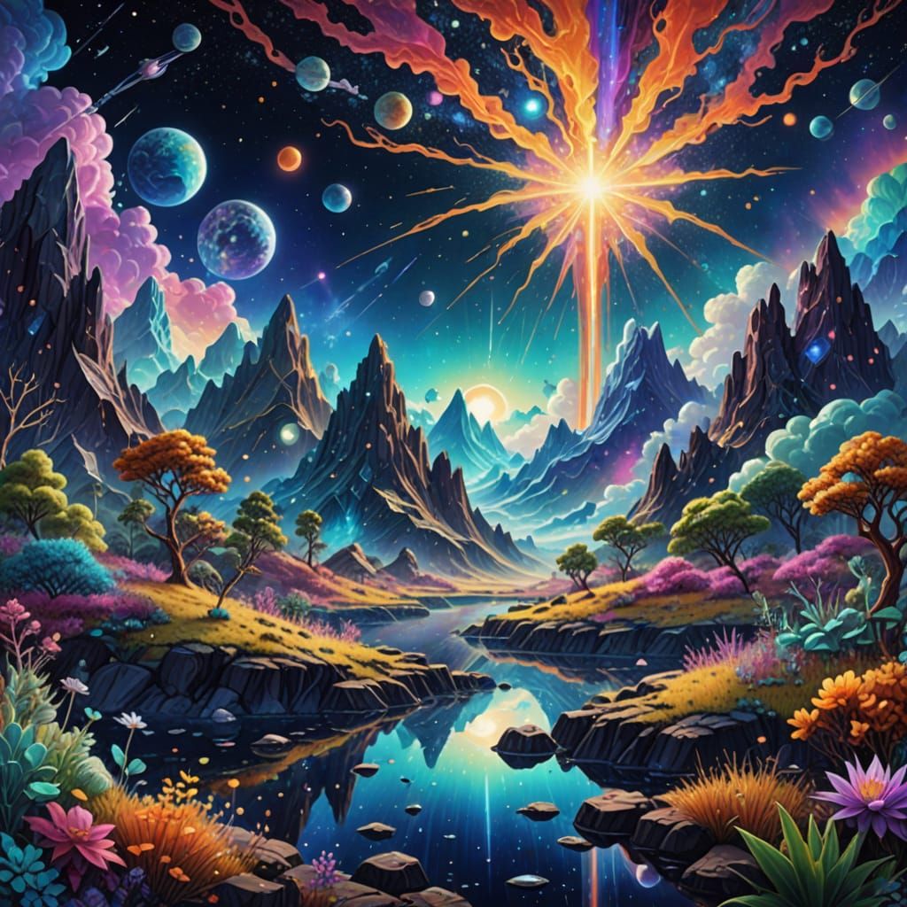 Surreal Cosmic Dreamscape in Vibrant Holographic Style
