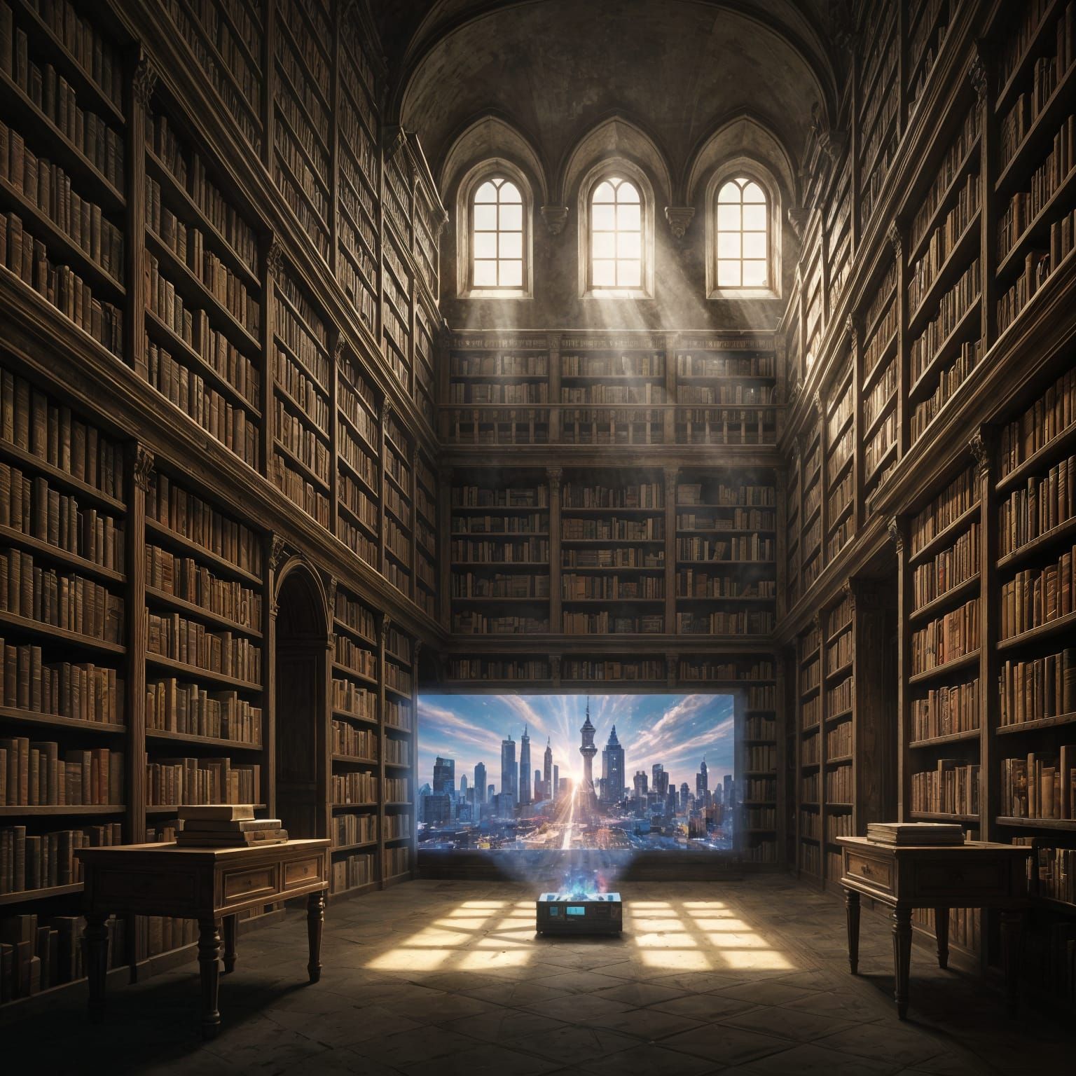 Ancient Library Meets Future City in Oil Painting