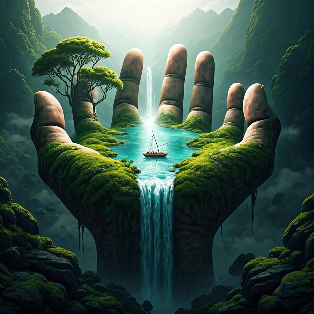 Surreal Landscape with Giant Hand