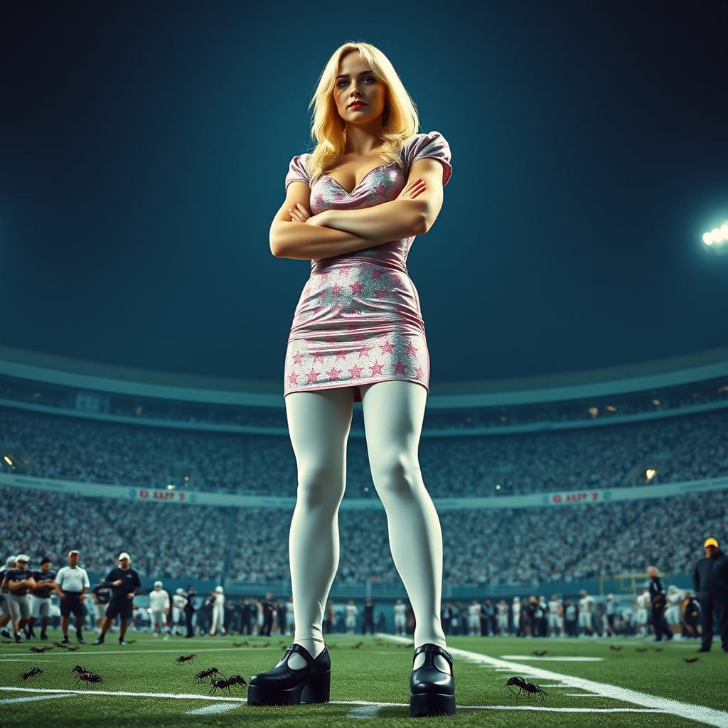 Giant Superhero Woman Dominates Football Stadium