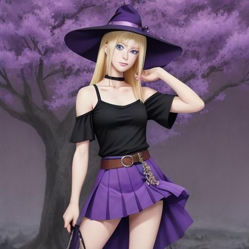 Anime Style Witch with Blonde Hair and Purple Outfit
