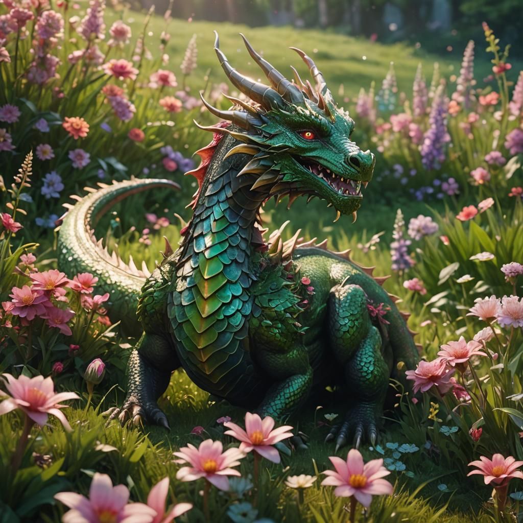 Dragon in Meadow with Iridescent Scales