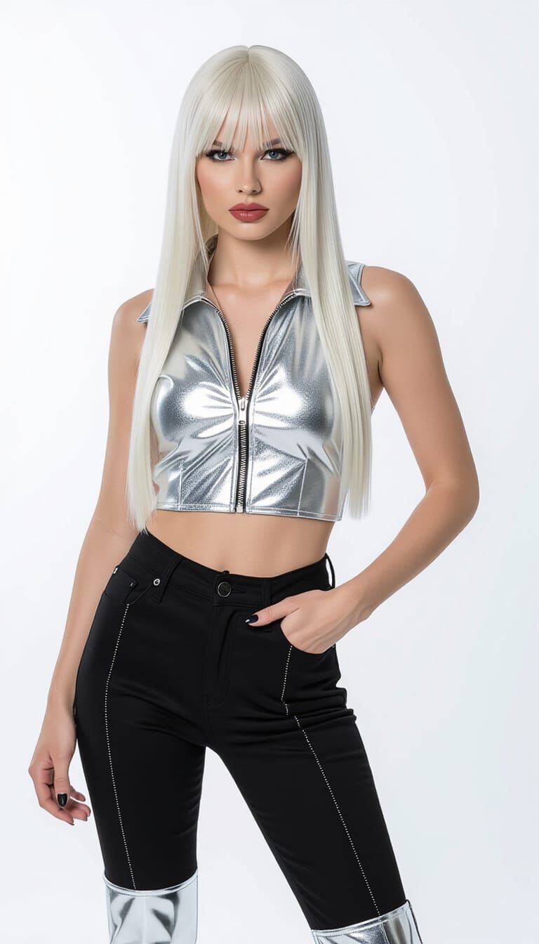 Platinum Blonde Model in Silver Outfit Poses Against White B...