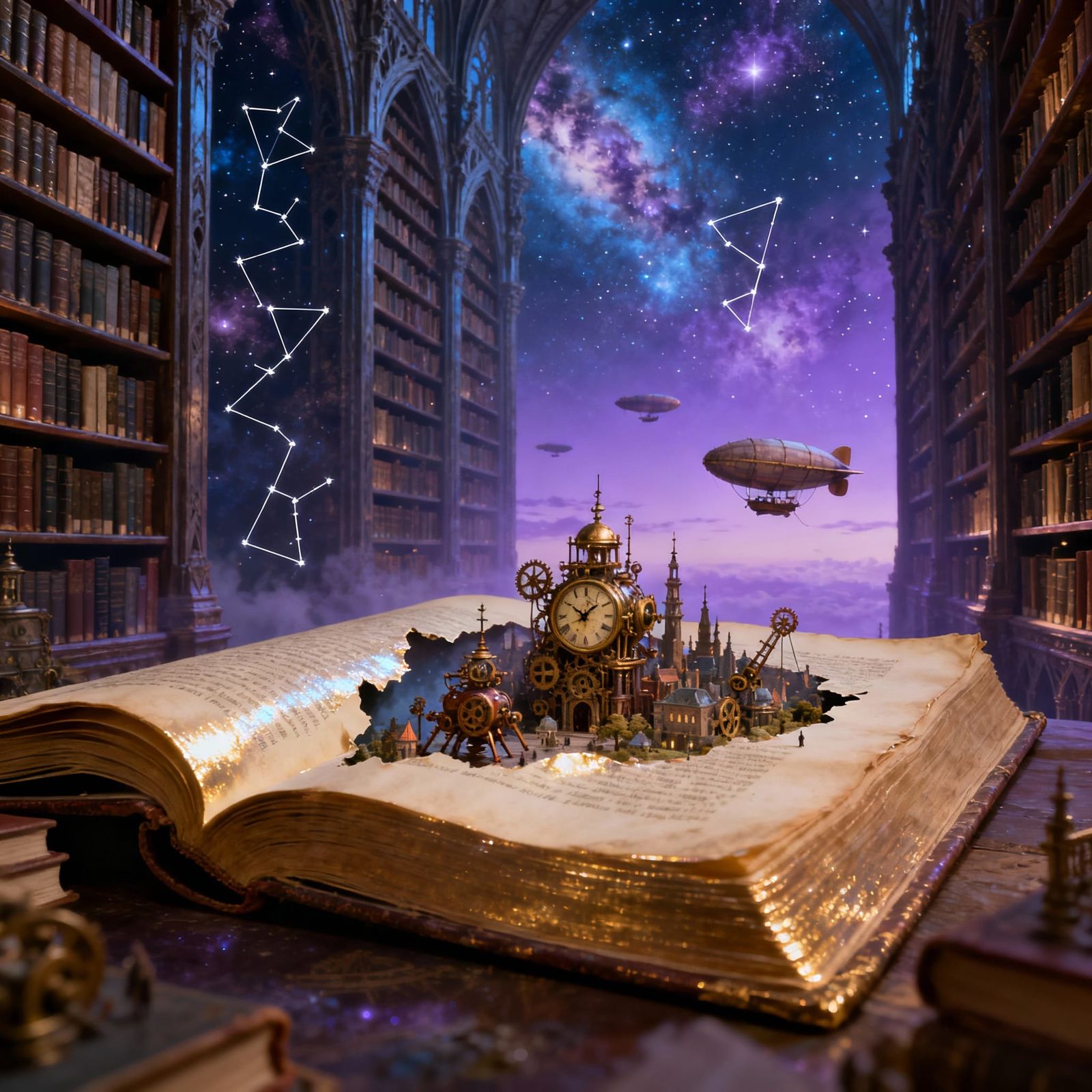 Celestial Gothic Library with Steampunk City Diorama