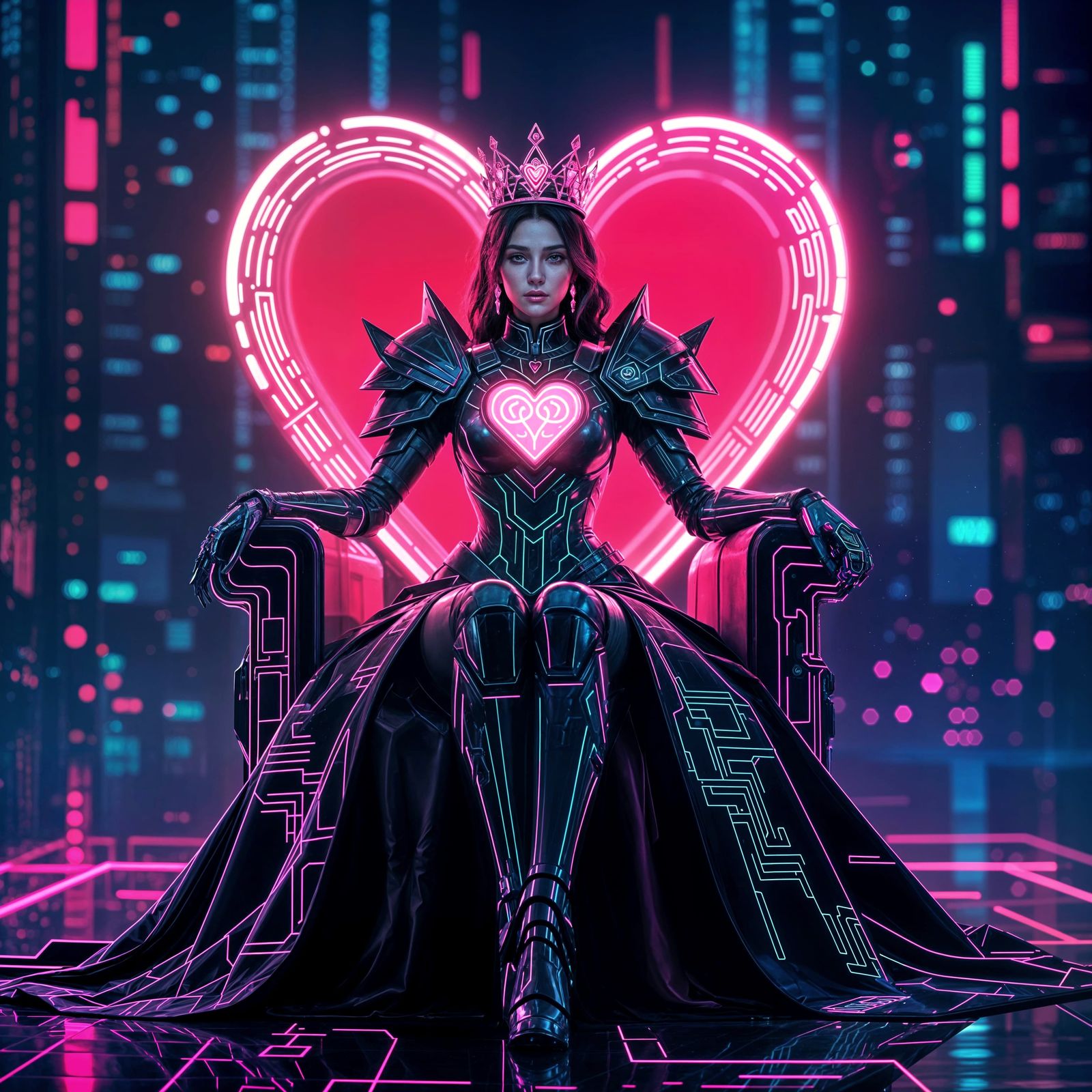 Cyberpunk Queen Empress on Holographic Heart Throne