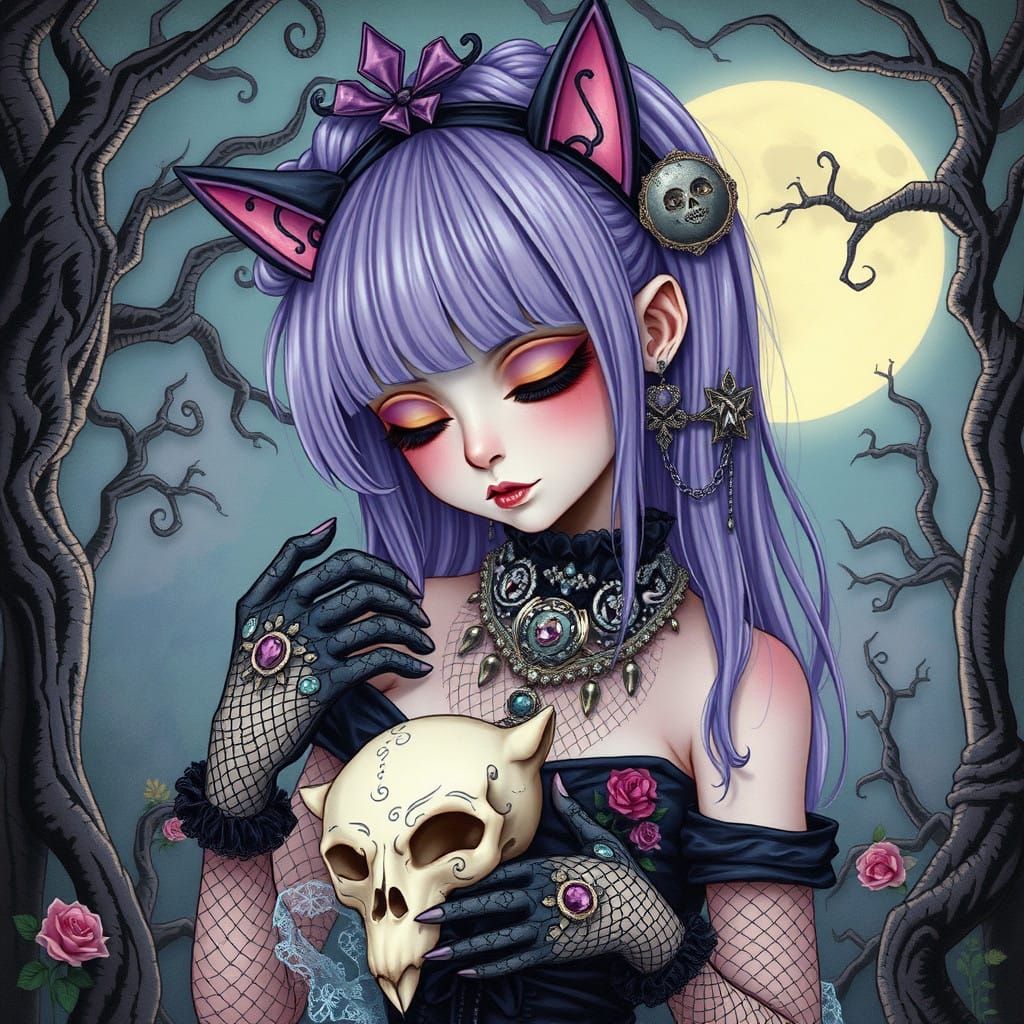 Whimsical Pastel Goth Girl Petting Cat Skull