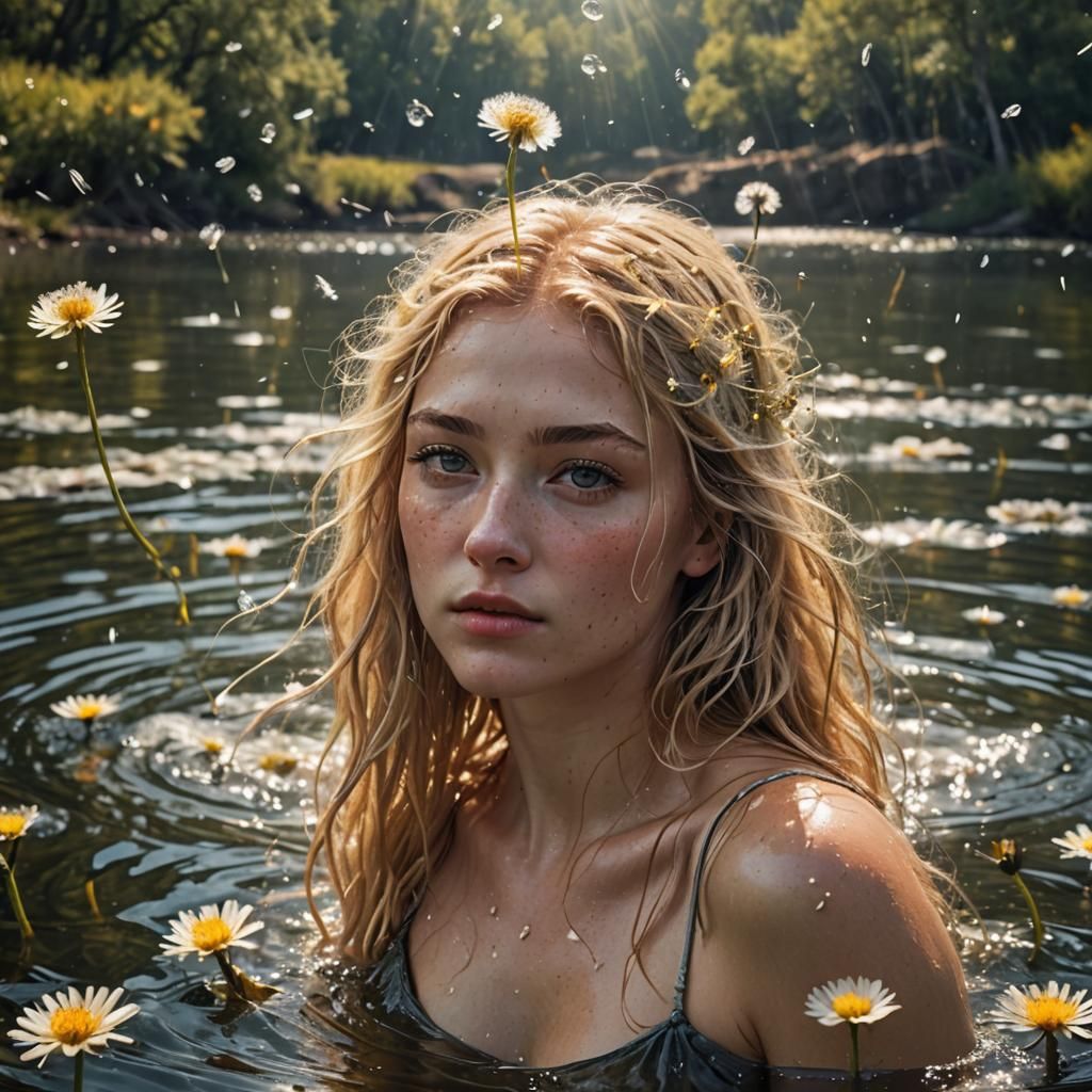 Dreamy Blonde Emerges From Lake With Dandelions