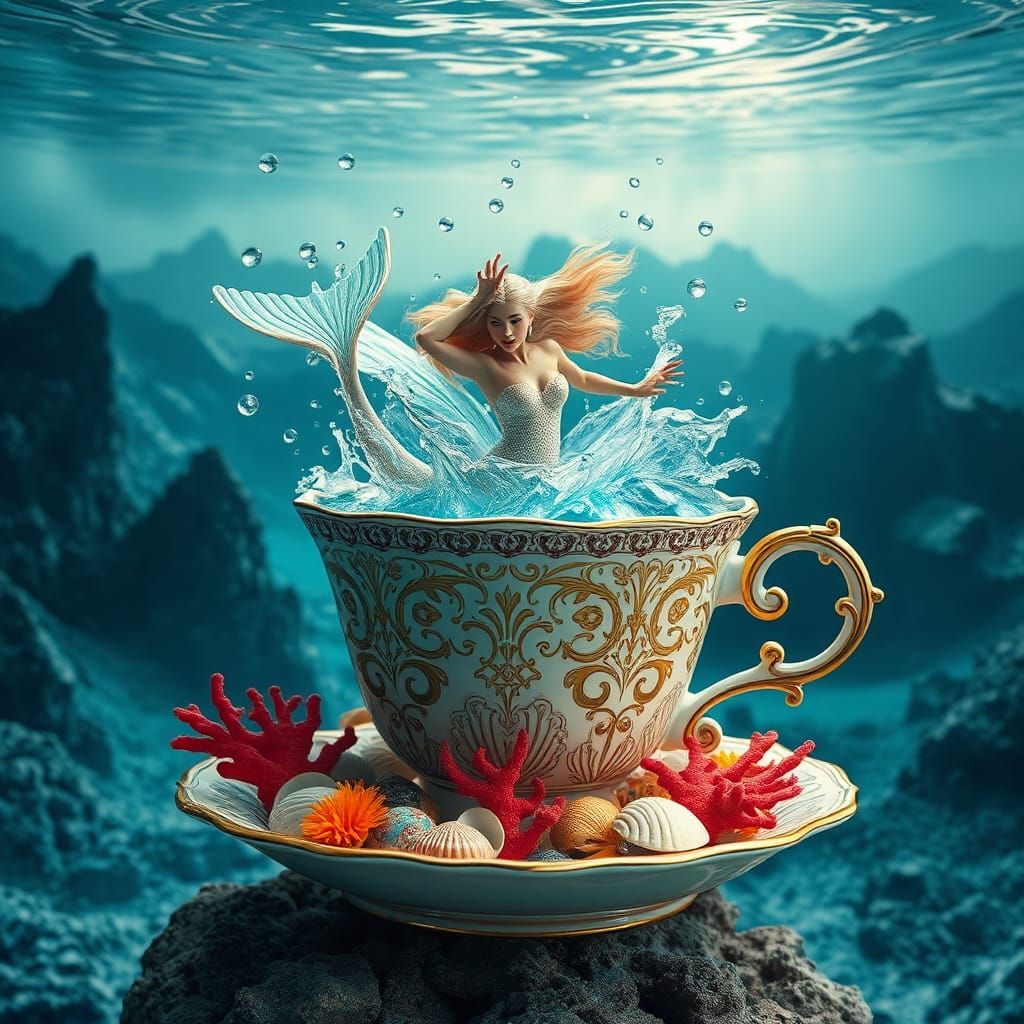 Mermaid Breaching from Teacup: Hyperrealistic Underwater Sce...