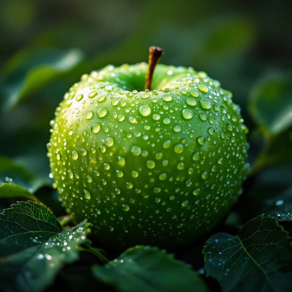 Close-Up Green Apple with Dew Drops in Orchard